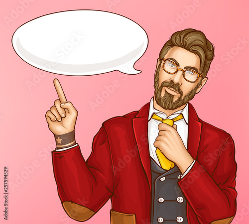 Half-length portrait of attractive hipster men in red suit, loosening his tie, pointing with finger on speech bubble pop art vector illustration. Mens fashion concept, clothing shop ad banner template