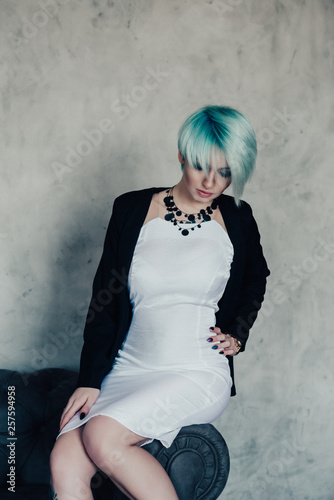 girl with colored hair in strict