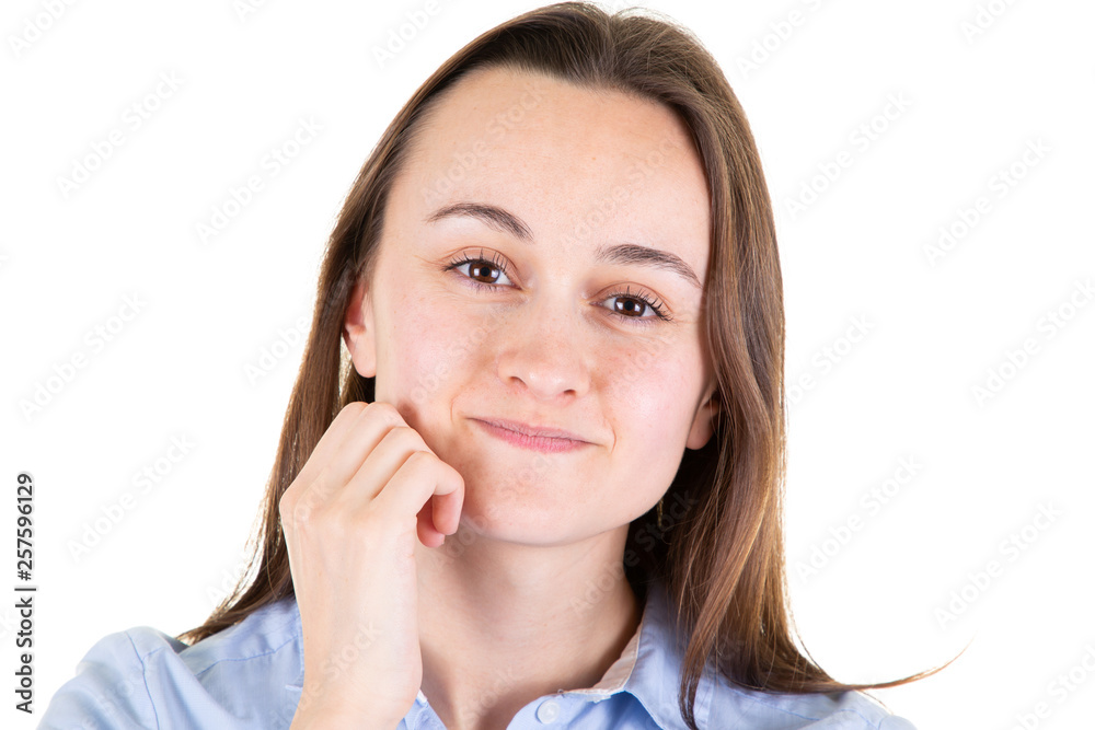 Close up portrait of young woman standing against white isolated background Close up portrait of young woman standing against white isolated background