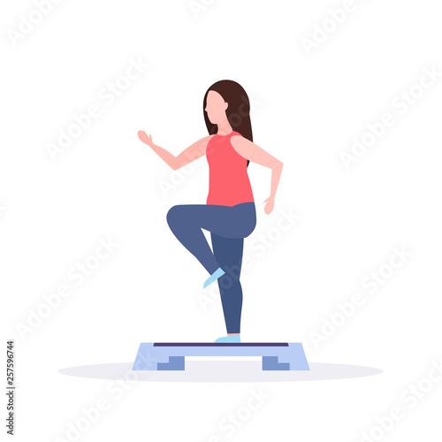 sports woman doing squats on step platform girl training in gym aerobic legs workout healthy lifestyle concept flat white background