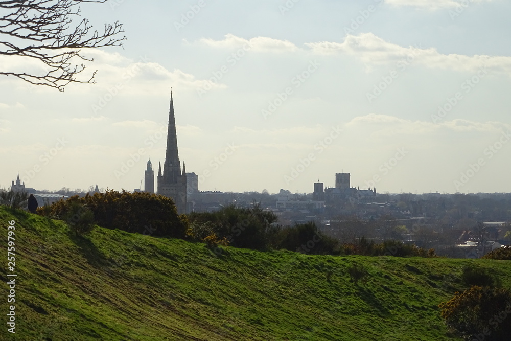 Spring views of Norwich from Mousehold Heath, including Norwich Cathedral