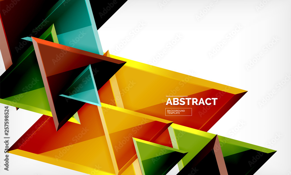 Triangles repetiton geometric abstract background, multicolored glossy triangular shapes, hi-tech poster cover design or web presentation template with copy space Triangles repetiton geometric abstract background, multicolored glossy triangular shapes, hi-tech poster cover design or web presentation template with copy space