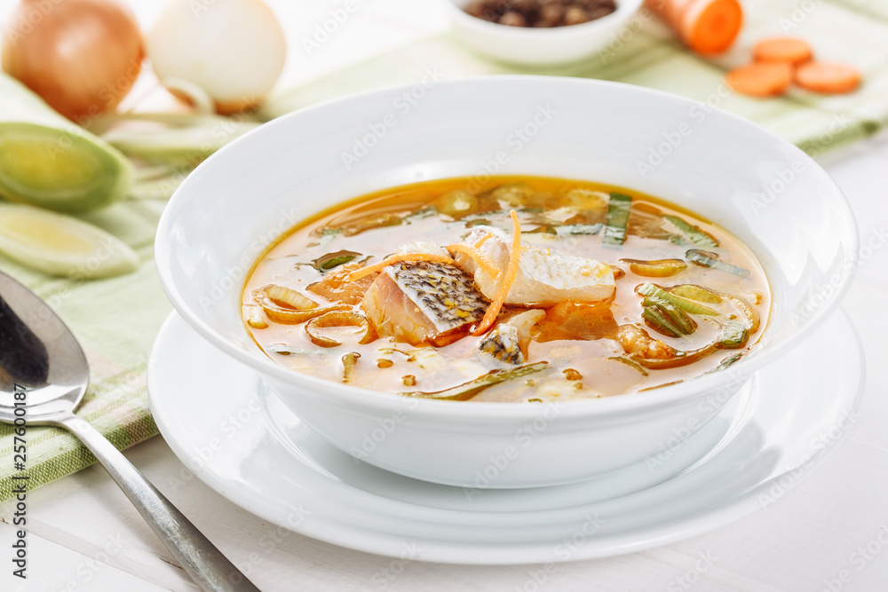 White Fish Seafood Soup with Vegetable Side View White Fish Seafood Soup with Vegetable Side View