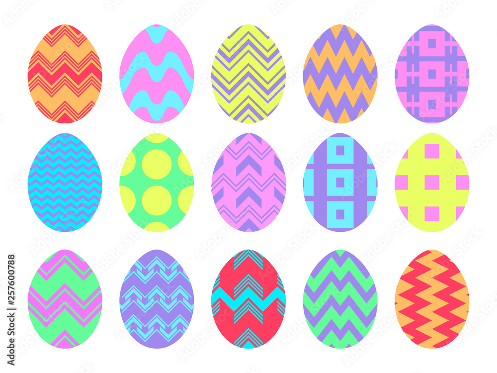 Happy Easter. Collection of Easter eggs with patterns on a white background. Vector illustration