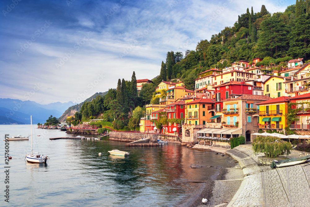 Varenna city scenic sunset view in famous lake Como, Italy.