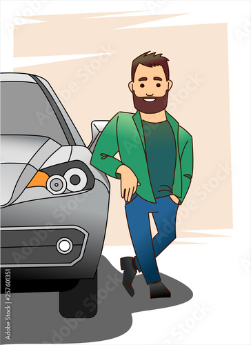 A man with a beard in an unbuttoned jacket or shirt. Half car, front view.