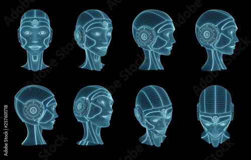 Wireframed robotic woman head collection 3D rendering