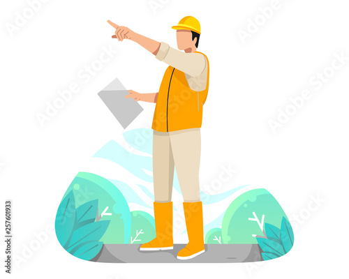 Engineer pointing finger as if to show or direct attention toward a project vector flat illustration