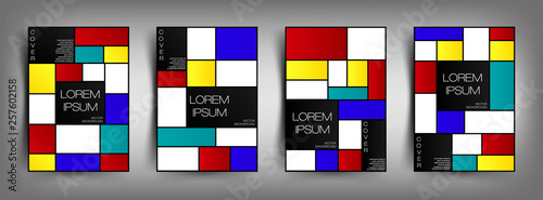 Abstract design in the style school Bauhaus. Black, white, yellow, blue, red, turquoise square on background. This is design for covers, books, templates, brochures, anuuals and other ideas