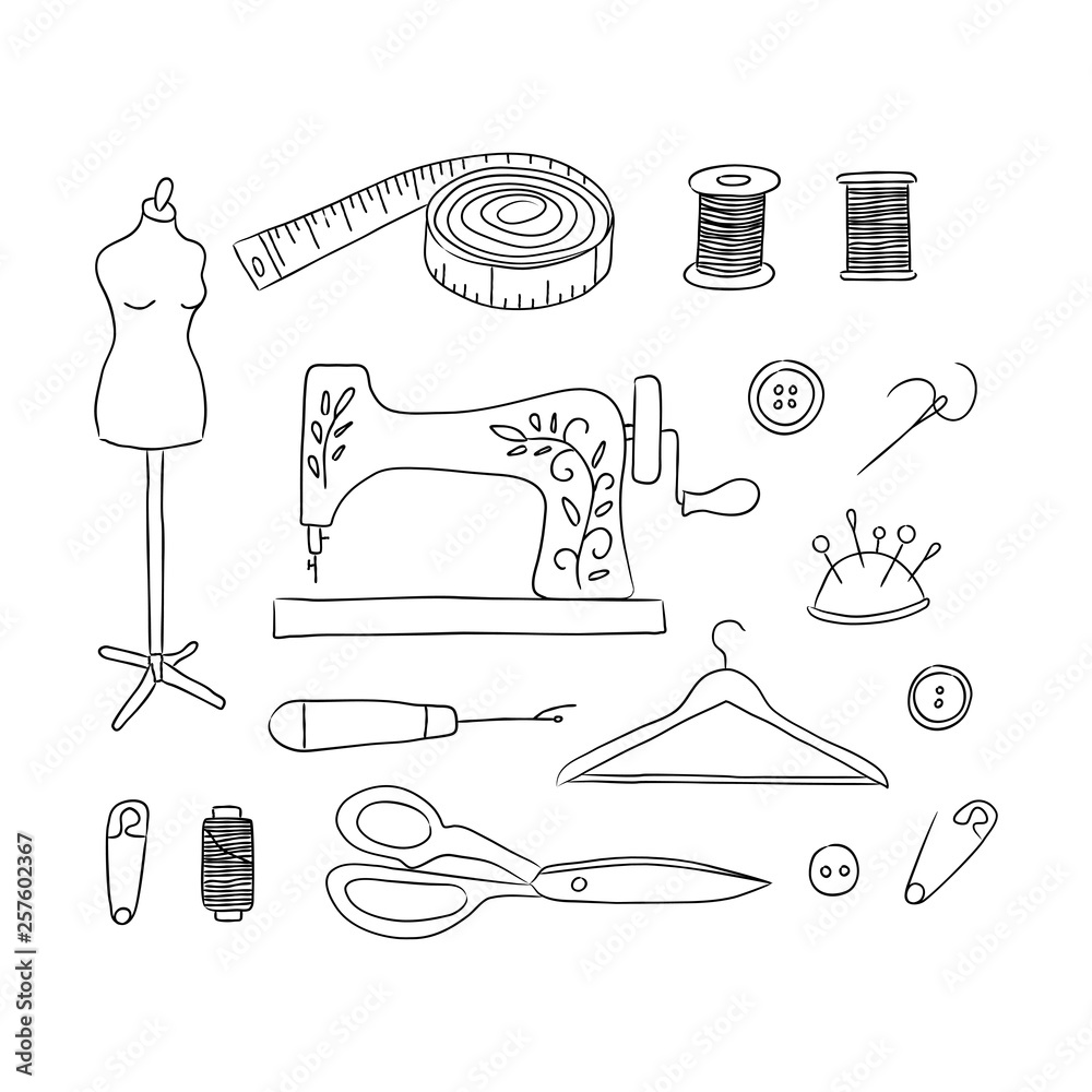 Sewing kit hand drawn icons Stock Vector