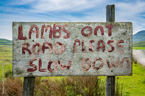 Sign: Lambs on Road please slow down, seen near Halton Gill, North Yorkshire, England, UK photo