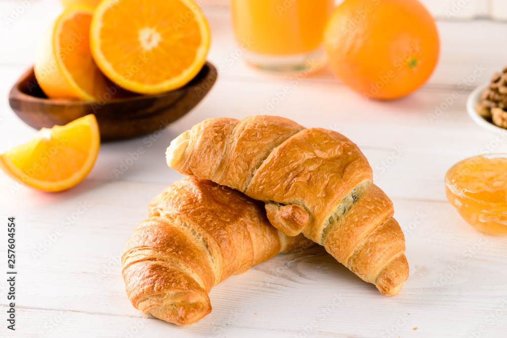 fresh croissant for breakfast with orange juice, breakfast concept fresh croissant for breakfast with orange juice, breakfast concept