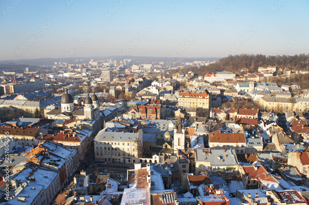 View from above. The roofs of the city. City of Lviv. 