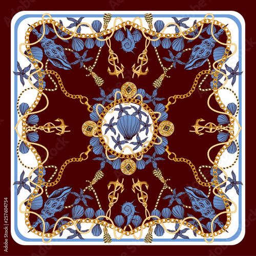 Design scarf with chains, anchors and shells. Vector.