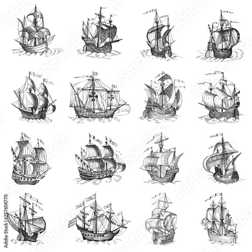 Old caravel, vintage sailboat. Hand drawn vector sketch.