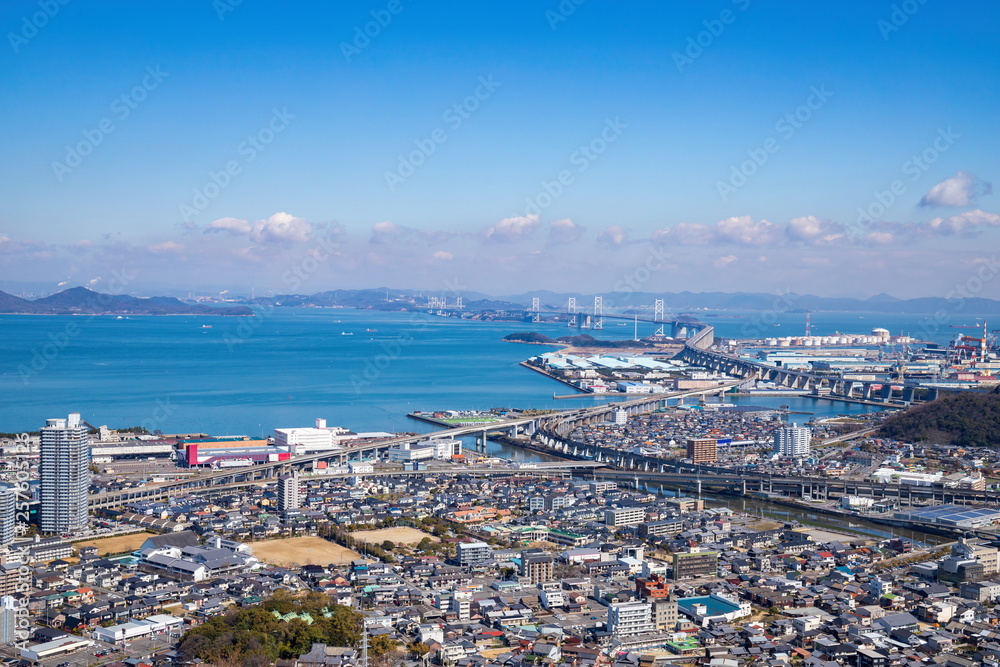 Cityscape of utazu town and Seto ohashi bridge in the seto inland sea ,Shikoku,Japan