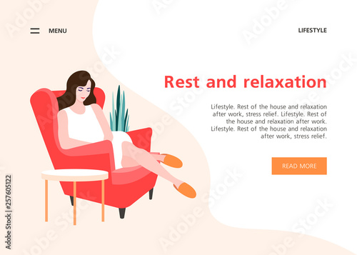 Tired woman sitting in a comfortable armchair on a white background. Rest and relaxation at home. Vector flat illustration