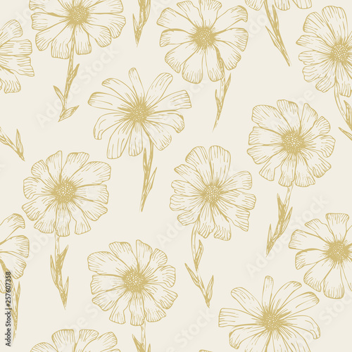 Retro sketchy seamless pattern with yellow outline ink pen chamomile flowers on pale beige background. Hand drawn illustration of beautiful gerbera flower, texture for textile, wrapping paper, surface