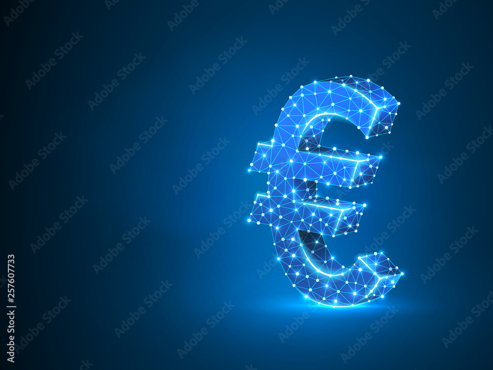 Euro currency sign wireframe digital 3d illustration. Low poly business, data cash, and finance concept with lines, dots, and starry sky on blue background. Vector polygonal neon money symbol RGB Euro currency sign wireframe digital 3d illustration. Low poly business, data cash, and finance concept with lines, dots, and starry sky on blue background. Vector polygonal neon money symbol RGB