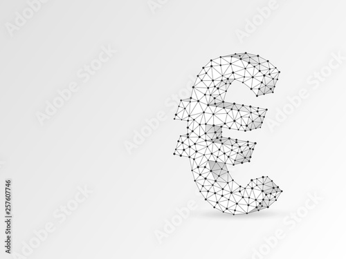 Euro currency sign wireframe digital 3d illustration. Low poly business, data cash, and finance concept with lines, dots, and starry sky on white background. Vector polygonal origami money symbol RGB