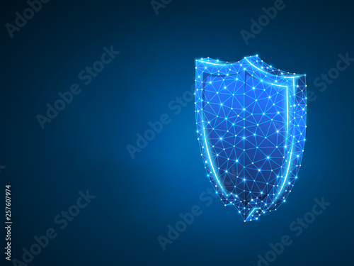 Security shield abstract neon 3d illustration. Polygonal Raster business concept of safety, data protection. Low poly wireframe, geometry triangle, lines, dots, polygons on blue background