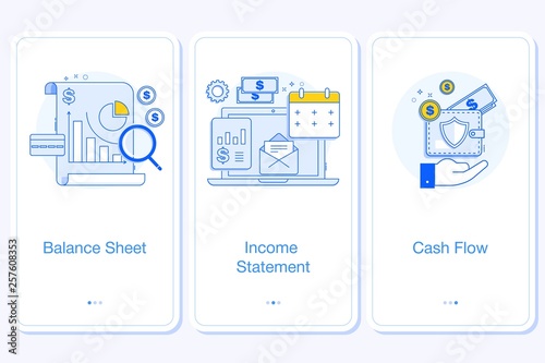 Flat Vector web site linear art onboarding screens template.Banner financial statements concept