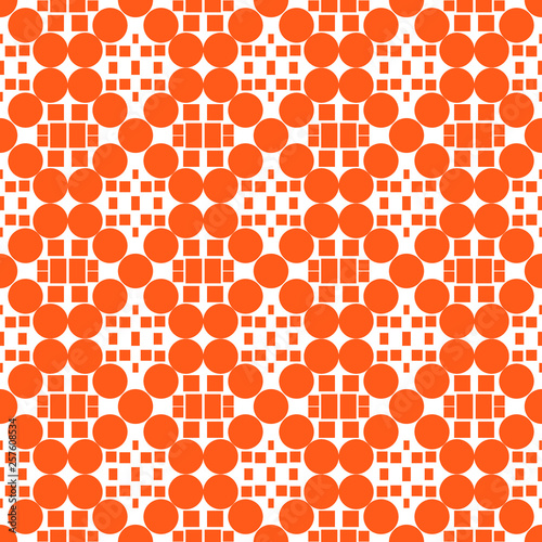 Fancy ornament - seamless pattern. Orange circles and rectangles, white background. The figures are laid out in tile.