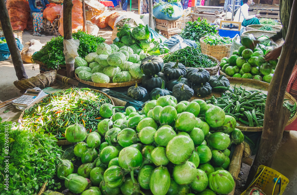 Vegetables stall in Fresh Market place Myanmar Asian travel