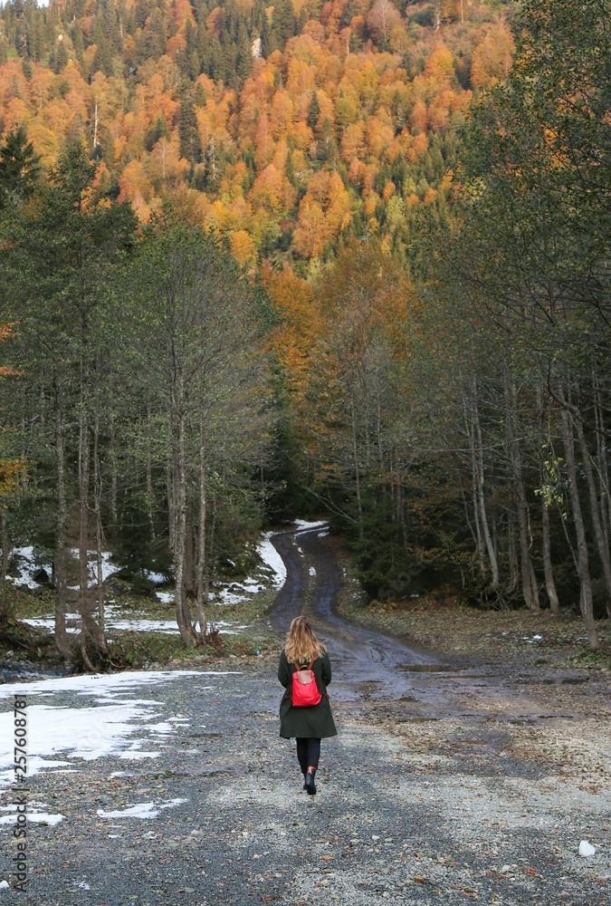 beautiful young girl walking in forest in running clothes standing on log .turkey beautiful young girl walking in forest in running clothes standing on log .turkey