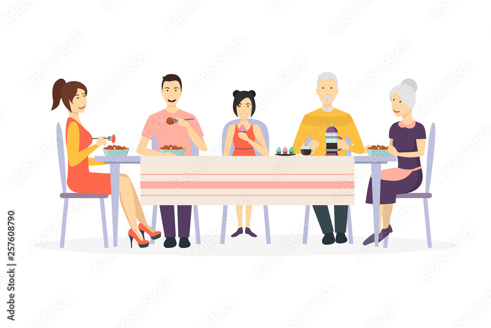 Cartoon Characters Family at Dining Table. Vector