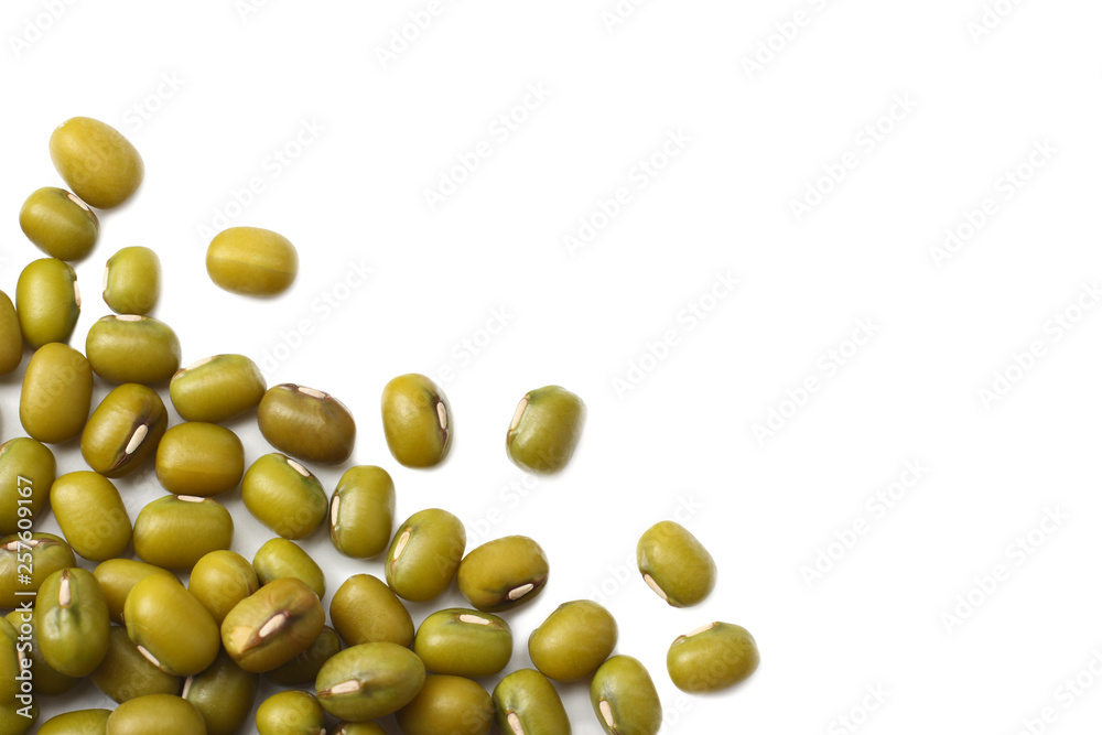 mung beans isolated on white background. top view