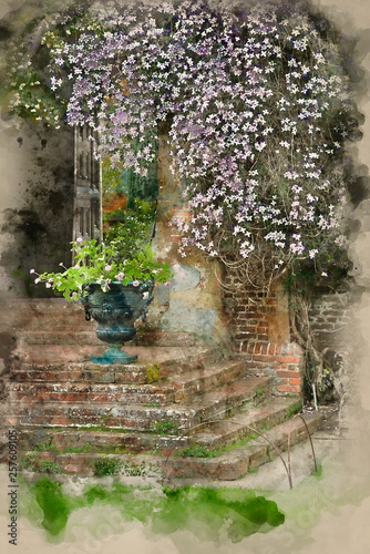 Watercolour painting of landscaped garden with flower pots and baskets and vibrant Spring flowers photo