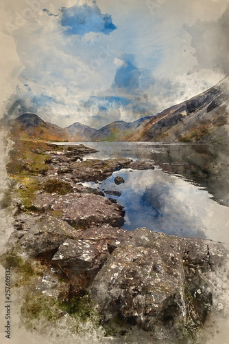 Watercolour painting of Stunning landscape of Wast Water and Lake District Peaks on Summer day reflected in lake