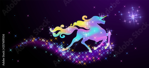 Starlit sky and iridescent unicorn with luxurious winding mane against the background of the fantasy universe with sparkling stars