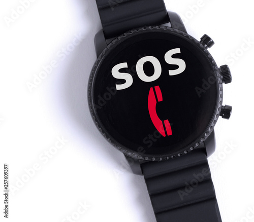 Black smartwatch isolated, SOS photo