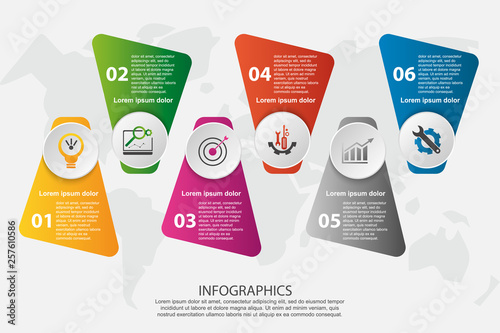Modern 3D vector illustration. Petal label infographic template with six elements and circles. Contains icons and text. Designed for business, presentations, workflow layout, 6 step diagrams