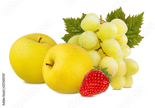 Fresh yellow apples with grapes and strawberry isolated on white background with clipping path