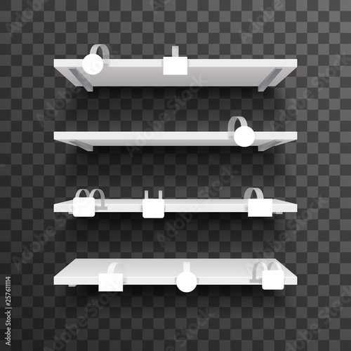 Store interior furniture empty 3d trade shelf space sale discount wobbler blank plastic tags realistic vector illustration
