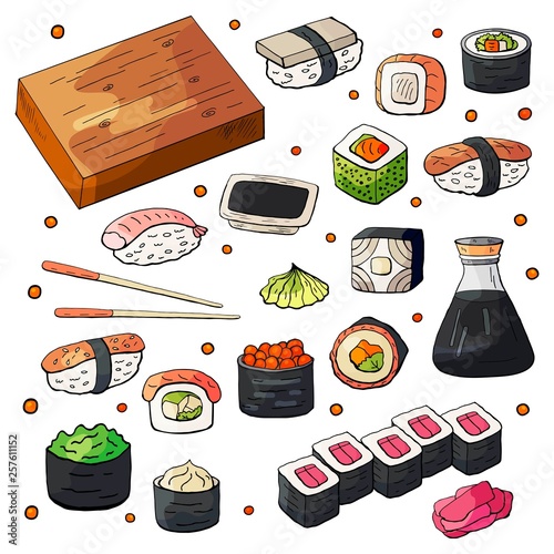 Set of japan sushi collection isolated on white background.