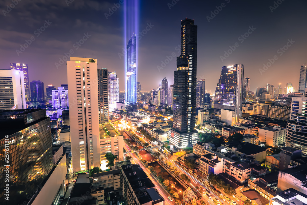 Fototapeta premium Aerial view of Bangkok modern office buildings, condominium, living place in Bangkok city