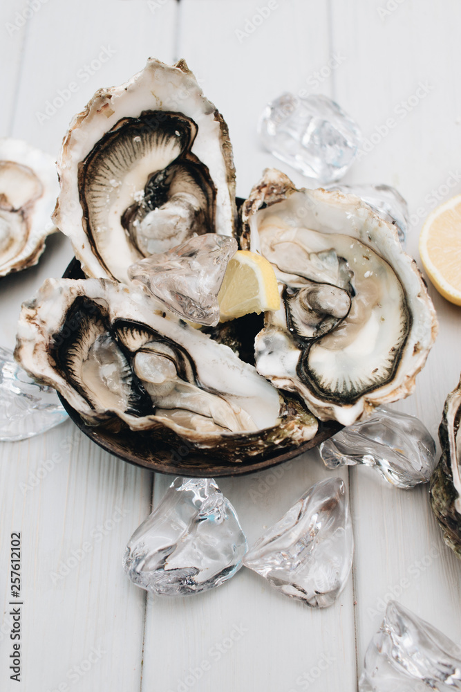 Delicious oysters with lemon, seafood delicacy Delicious oysters with lemon, seafood delicacy