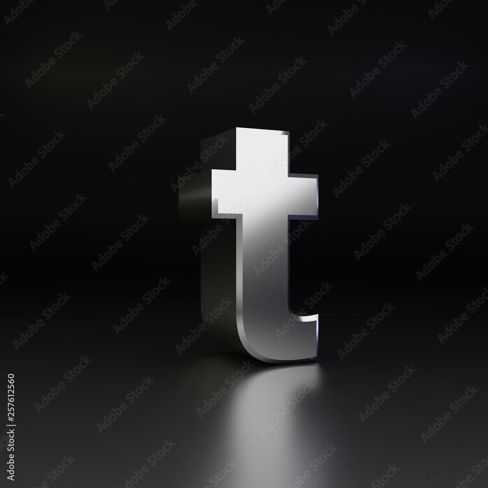 Chrome letter T lowercase. 3D render shiny metal font isolated on black background Chrome letter T lowercase. 3D render shiny metal font isolated on black background