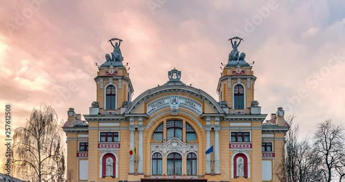4k Zoom out Timelapse of Cluj Napoca National Theatre and Opera building in Cluj Napoca, Romania. Architectural style - Neo-baroque. Time lapse in Cluj Napoca, known as Klausenburg and Kolozsvar
