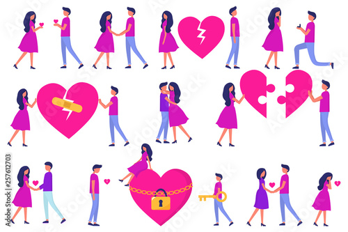 A set of men and women, love at first sight, a date, betrayal and quarrels and hugs, puzzle from the heart. Development of a relationship. Trendy vector flat people.
