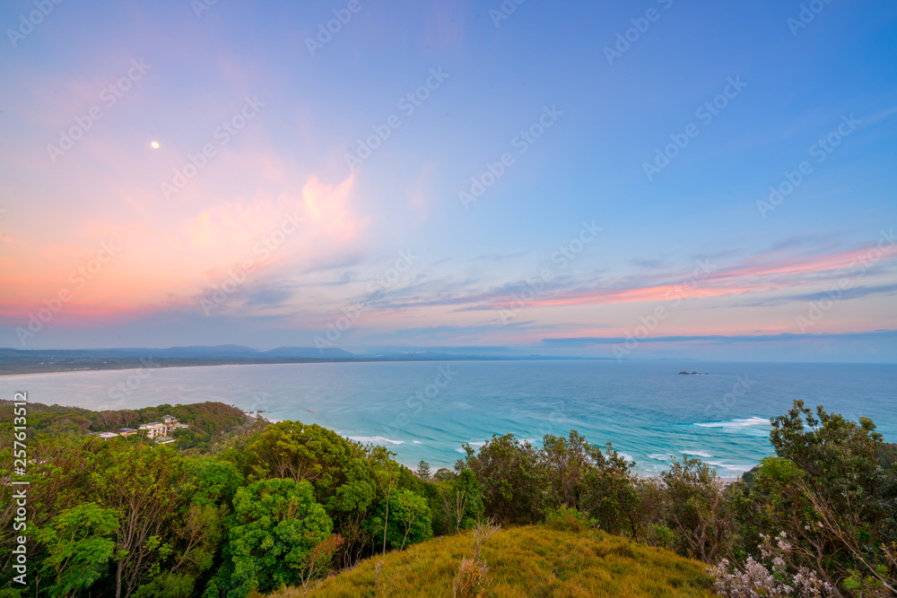 Sunrise aerial view of the Byron Bay coastline Sunrise aerial view of the Byron Bay coastline