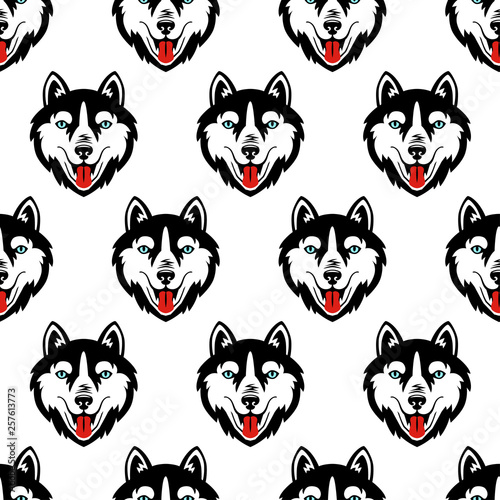 Husky dog black and white vector seamless pattern. 