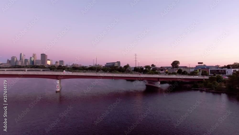 Magic hour aerial shot on Mississippi River with Minneapolis Skyline Magic hour aerial shot on Mississippi River with Minneapolis Skyline