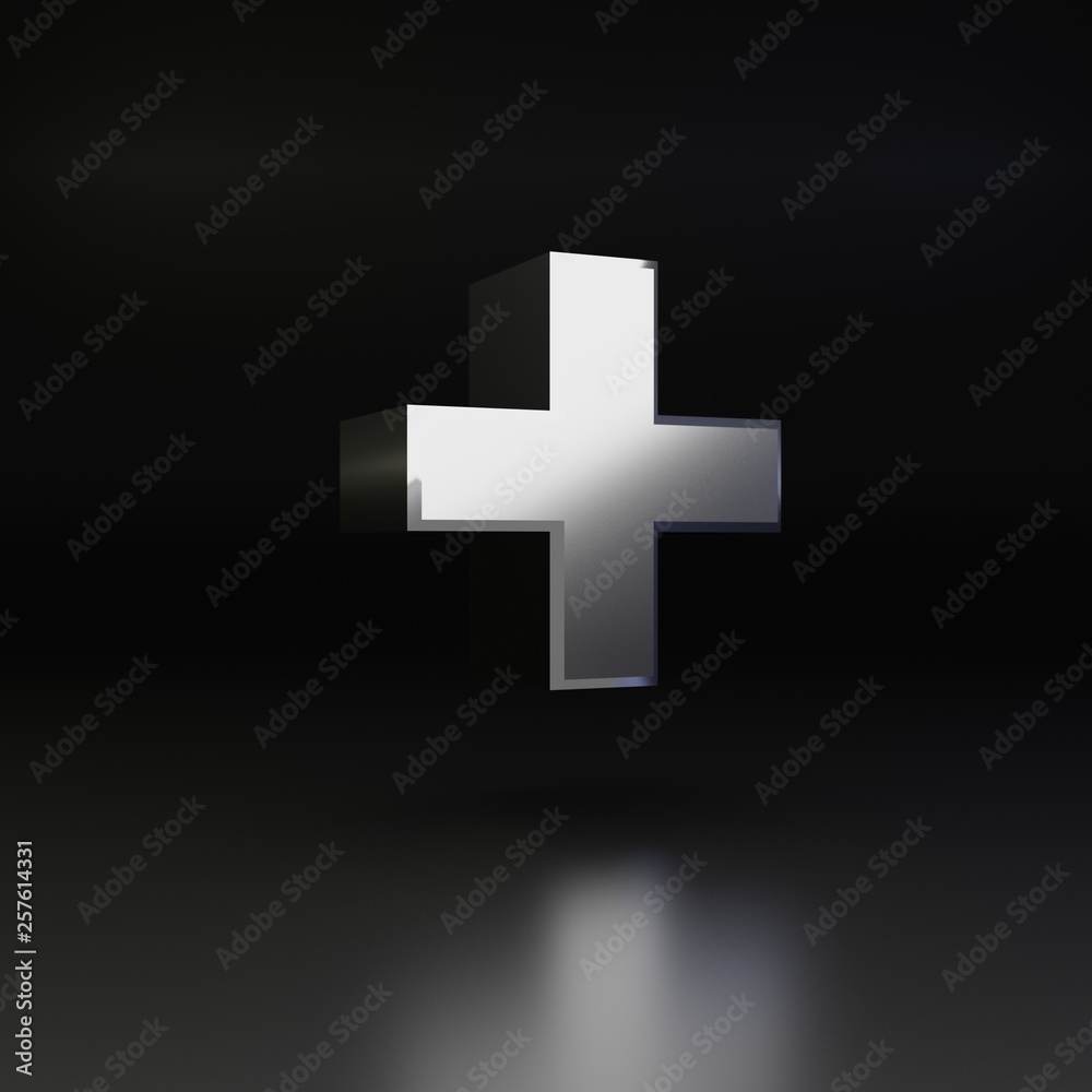 Chrome plus symbol. 3D render shiny metal font isolated on black background Chrome plus symbol. 3D render shiny metal font isolated on black background