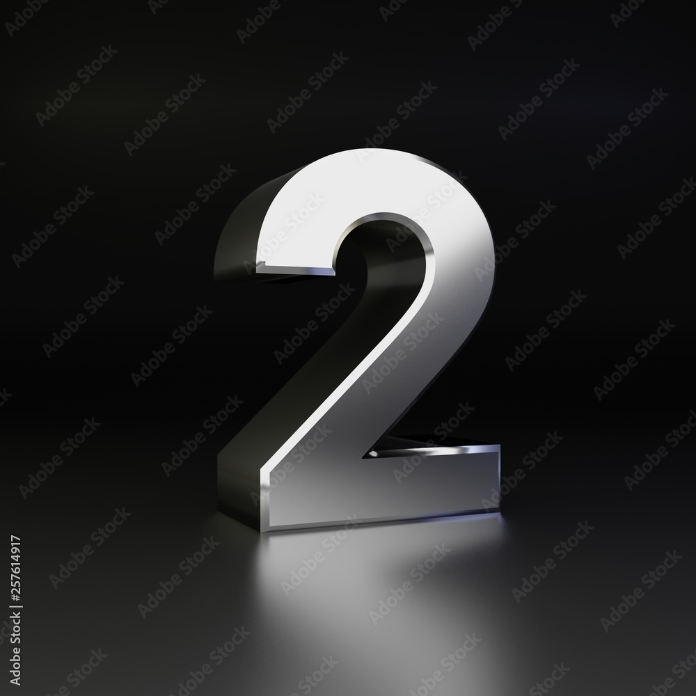 Chrome number 2. 3D render shiny metal font isolated on black background Chrome number 2. 3D render shiny metal font isolated on black background
