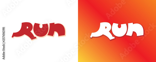 Run cartoon style red background. Letter R form running man. Isolated vector sign symbol element. Typeset design. Banner template. Text sport font